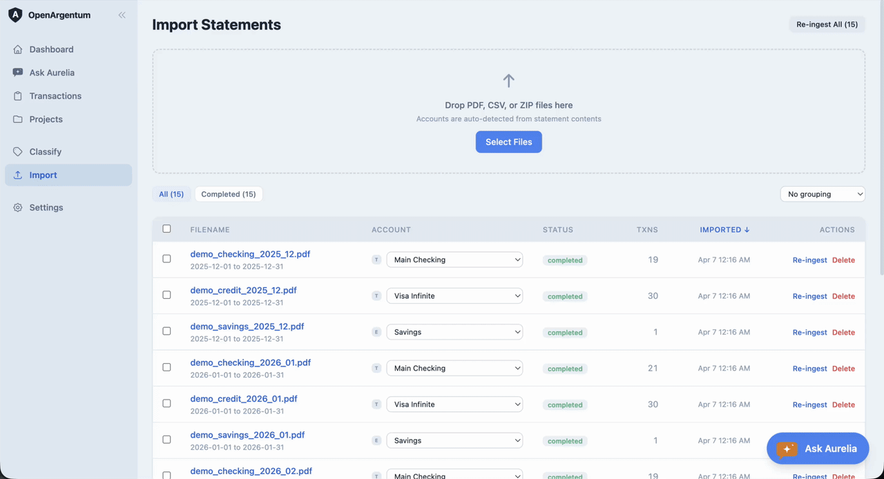Import a bank statement and watch AI extract transactions